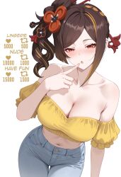 big_breasts blush blush chiori_(genshin_impact) cleavage midriff red_eyes seductive seductive_look