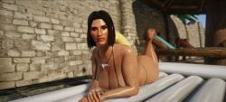 beach big_booty big_breasts big_breasts bikini brown_hair female mini_bikini necklace ring sexy skyrim sunbathing video_game_character video_games