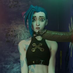 3d 3d_(artwork) 3d_model 3d_render anticipation arcane before_oral before_sex big_penis black_penis blast1qq confused crop_top female female_focus female_only glory_hole huge_cock jinx_(arcane) jinx_(league_of_legends) league_of_legends light-skinned_female light_skin looking_at_penis nightclub penis toilet toilet_use waiting watching