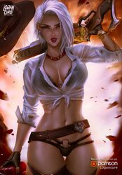 1girls 2d ashe_(overwatch) beauty_mark belly belt blizzard_entertainment bra bra_cups_sticking_out cleavage clothed clothing cowboy_hat earrings explosion explosives female female_only front-tie_top gloves gun hat lipstick logan_cure looking_at_viewer mole mole_above_mouth overwatch panties pinup red_eyes see-through small_panties solo sweat tattoo tied_shirt watermark wet_clothes white_hair