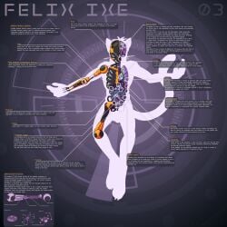 1:1 abstract_background alien anatomy anthro cybernetics cyborg digitigrade english_text felid feline felix_ixe green_eyes hi_res machine male mammal model_sheet silhouette solo tattorack text x-ray_view