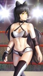 1girls abs armband arsonicartz athletic athletic_female black_crop_top black_hair black_shorts blake_belladonna breasts crop_top fit fit_female hairbow long_hair medium_breasts midriff navel rwby short_shorts shorts single_glove thighhighs wrestling_outfit wrestling_ring yellow_eyes