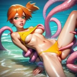 ai_generated beach bikini cameltoe crop_top green_eyes hard_nipples kasumi_(pokemon) midriff navel nervous side_ponytail suspenders tentacle tentacle_grab tentacle_restraint