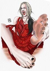 barefoot black_nails blonde_hair celebrity dc_comics dc_extended_universe dirty_feet feet foot_fetish foot_focus harley_quinn jakeatherstone margot_robbie open_mouth red_dress soles the_suicide_squad toes twintails wink