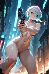 ai_generated angry breasts cybernetics cyberpunk cyberpunk:_edgerunners female gun lucy_(cyberpunk) lucyna_kushinada nude pistol pussy vagina white_hair