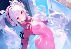 1girls abstract_background ai_generated alice_(nikke) arched_back ass blush blushing_at_viewer bodysuit breasts breasts_apart bubble_ass bubble_butt clothed clothing color fake_animal_ears female female_focus female_only from_above from_behind fully_clothed gloves goddess_of_victory:_nikke headphones headwear hi_res highres latex latex_clothing latex_suit long_hair narrow_waist nipple_bulge nipples nipples_visible_through_clothing no_bra open_mouth petite pink_clothing pink_eyes pink_latex ponytail revealing_clothes shiny_clothes skin_tight small_breasts solo solo_female solo_focus standing tactical_gear thick thick_ass thin_waist tight_clothing tight_fit twintails very_high_resolution white_hair wide_hips