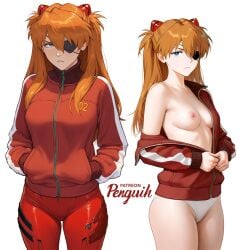 1girls ai_generated asuka_langley_sohryu bodysuit breasts breasts_out clothing eye_patch eyepatch female interface_headset light-skinned_female long_hair looking_at_viewer multiple_views neon_genesis_evangelion nipples orange_hair panties patreon_username penguih pilot_suit plugsuit track_jacket track_suit twintails unzipped white_background white_panties