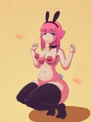 black_legwear black_stockings brawl_stars breasts breasts_out bunny_ears bunny_girl bunny_tail chocker fung_enoki hands-free melodie_(brawl_stars) nipples pink_eyes pink_hair sitting small_breasts stockings supercell supercell_(company) thick thick_ass thick_legs thick_thighs