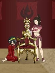 3girls avatar_legends avatar_the_last_airbender ball_gag bondage catsuit cowledman female female_only forniphilia helpless human immobile katara leash living_statue living_trophy metal_bondage multiple_girls nickelodeon nicktoons tagme toph_bei_fong ty_lee