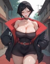 aged_up ai_generated bob_cut dark_hair huge_breasts lewdwaifulaifu looking_at_viewer naruto naruto_(series) red_eyes sarada_uchiha short_hair slim_waist