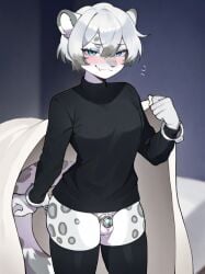 ai_generated bed bedroom bedroom_eyes blanket blue_eyes blush chastity_cage femboy furry furry_only handcuffs long_sleeves male male_only oc self_upload silver_hair small_penis snow_leopard submissive thighhighs