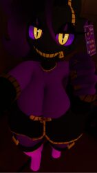 banette doll_girl eyeshadow hair_between_eyes looking_at_viewer overflowing_breasts pokemon pokemon_(species) purple_body purple_hair_streaks purple_sclera sleeves_past_wrists tag vrchat vrchat_avatar yellow_iris