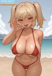 ai_generated beach bikini_bottom bikini_top blonde_hair burnice_white cameltoe covered_nipples drooling fellatio_gesture large_breasts light-skinned_female light_skin micro_bikini red_eyes red_micro_bikini royrathehot tongue tongue_out twintails watermark zenless_zone_zero