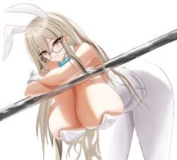 akane_(blue_archive) akane_(bunny)_(blue_archive) blue_archive brown_eyes bunny bunny_ears bursting_breasts gigantic_breasts glasses hanging_breasts huge_breasts leaning_forward long_hair looking_at_viewer milf smile thick_thighs wide_hips