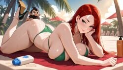 beach big_ass big_breasts bikini dwarf dwarf_male green_eyes red_hair sunny suntan_lotion thick_ass thick_thighs