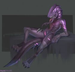 ambiguous_gender anthro bodily_fluids genital_fluids genitals lizard long_tongue lying maridiansnack multi_eye on_back open_mouth penis pink_eyes reptile scales scalie solo tail teeth tongue tongue_out unknown_species