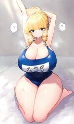 1girls ? ai_generated armpit_crease armpits arms_up big_breasts black_eyes blonde_hair blue_one-piece_swimsuit breasts cleavage confused drill_hair female_focus hi_res highres huge_breasts kaneda_mochiko large_breasts long_hair mount_celeb_kaneda-san one-piece_swimsuit self_upload sitting sn7314 solo solo_female solo_focus stretching thick_thighs thighs wet