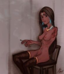 2d amputee asmo black_hair black_legwear blinking brown_eyes chair cigarette dark-skinned_female dark_skin earrings female forehead_jewel long_hair looking_at_viewer medium_breasts necklace nipples one_arm overwatch scar sitting smoke smoking solo stitches symmetra thighhighs