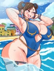 1girls accessory alternate_costume armpit armpits arms_behind_head asian asian_female ass big_ass big_breasts blush blush_lines bracelet bracelets breasts brown_eyes brown_hair busty capcom chun-li chun-li_(street_fighter_6) curvaceous curvy curvy_female curvy_figure day daytime double_bun earrings female female_focus female_only hi_res high_resolution highres huge_ass huge_breasts huge_butt jewelry large_breasts light-skinned_female light_skin official_alternate_costume one-piece_swimsuit open_mouth outdoors outside pussy shaved_armpit sideass solo solo_female solo_focus street_fighter street_fighter_6 swimsuit swimwear tagme thick_thighs thighs voluptuous voluptuous_female wading water xenexarts