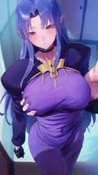 1boy 1girls absurdres black_gloves braid breasts choker dress elbow_gloves fate/stay_night fate_(series) gloves grabbing_another's_breast groping highres hourglass_figure large_breasts light-skinned_female long_hair long_skirt long_sleeves looking_at_viewer mature_female medea_(fate) pointy_ears purple_dress purple_eyes purple_hair rororo side_braid sidelocks skirt slim_waist solo_focus wide_hips