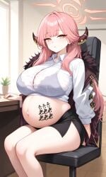 1girls abortion_mark ai_generated amber_eyes aru_(blue_archive) big_breasts black_bra bra female female_focus female_only halo horns huge_breasts large_breasts looking_at_viewer pink_hair pregnant pregnant_belly pregnant_female see-through_bra sitting