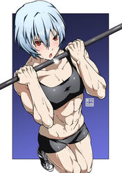 1girls abs absurd_res absurdres adductors adonis_belt alternate_costume artist_name belly biceps black_bra blue_hair blush bra clothing collarbone deltoids eudetenis exercise exhaling exhausted female female_only forearm_muscles fully_clothed gym_clothes high_resolution highres horizontal_bar light-skinned_female light_blue_hair light_skin looking_at_viewer muscles muscular muscular_arms muscular_chest muscular_female muscular_neck muscular_shoulders muscular_thighs navel neon_genesis_evangelion obliques open_mouth pecs pectorals pull-up_(exercise) pull_up_bar pull_ups quadriceps quads red_eyes rei_ayanami short_hair short_shorts shorts signature simple_background sneakers solo sports_bra sportswear steamy_breath sweat trapezius visible_breath workout workout_clothes