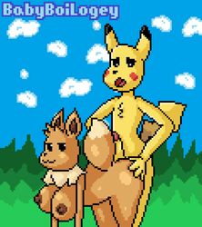 1boy 1girls 4_fingers all_fours anthro areolae ass ass_grab babyboilogey big_ass big_breasts big_ears black_fur breasts brown_fur buttjob canine chest_tuft clouds day doggy_style eevee erection from_behind furry grass half-closed_eyes hand_on_ass huge_breasts interspecies large_breasts long_ears looking_down nintendo nipples no_nipples open_mouth outdoors penis pikachu pixel_art pokemon pokemon_rgby raised_tail rodent sheath sky smile standing straight tail text tongue video_games watermark white_fur wide_hips yellow_fur