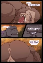 absurd_res annoyed anthro anus ape balls bodily_fluids cheeselion2 cum cum_on_face dialogue duo fucked_unconscious genital_fluids genitals godzilla godzilla_(series) gorilla haplorhine hi_res kaiju king_kong male male/male mammal mind_break primate questionable_consent scalie tears toho