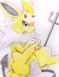 1boy 1girls black_eyes black_nose blush chest_tuft clothing colored_pencil_(artwork) costume cum cum_in_pussy cum_inside disembodied_penis duo edit eeveelution eiroru female feral fur furry hi_res horn human interspecies jolteon male male_pov melee_weapon nintendo open_mouth pawpads penetration penis pink_pawpads pitchfork pokémon_(species) pokemon pokemon_rgby polearm pov pussy pussy_juice sex simple_background sketch snout solo solo_focus spread_legs spreading straight tears traditional_media_(artwork) trident tuft uncensored vaginal_penetration video_games weapon white_fur yellow_fur