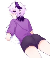 1girls ass butt_crack earrings female female_only from_behind looking_at_viewer medium_ass medium_butt pillow purple_eyes purple_hair purple_shirt purple_shorts shirt short_hair shorts simple_background solo solo_female streaked_hair thighs tomboy v_flower vflovver vocaloid white_background white_hair