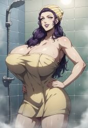 ai_generated blood_of_zeus blue_eyes goddess hands_on_hips hera_(boz) huge_breasts looking_at_viewer milf purple_hair shower showering solo_female starseeker234 thick_thighs towel towel_on_head