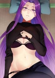 1girls absurdres black_bra black_panties black_sweater bra breasts clothes_lift clothes_pull fate/stay_night fate_(series) glasses highres lifting_own_clothes long_hair long_sleeves lying medium_breasts medusa_(fate) medusa_(rider)_(fate) navel on_back panties pants pants_pull pulling_own_clothes purple_eyes purple_hair rororo solo sweater sweater_lift underwear very_long_hair