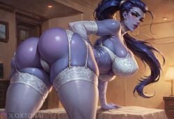 1girls ai_generated amelie_lacroix big_breasts brest long_hair overwatch overwatch_2 oxtonai purple_hair purple_skin widowmaker