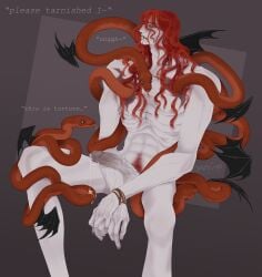 bushy_pubes elden_ring grey_body huge_cock long_hair male messmer_the_impaler precum red_hair red_pubic_hair shadow_of_the_erdtree simple_background snakes