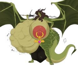 2025 absurd_res anthro ass baghikat balls belly big_balls big_belly big_breasts big_butt bodily_noises breasts digestion digestion_noises digital_media_(artwork) dragon female female_pred genitals hair half-dragon herm hi_res horn huge_balls huge_breasts huge_butt humanoid hybrid intersex kakira melee_weapon mythological_creature mythological_scalie mythology nipple_piercing nipples nude onomatopoeia oral_vore overweight overweight_anthro overweight_female piercing rumbling_stomach scalie simple_background size_difference solo sound_effects sword tail text thick_thighs vore weapon wide_hips wings