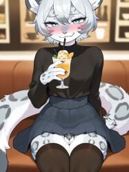 ai_generated blue_eyes blush cafe chastity_cage drinking feline femboy furry furry_only horny long_sleeves male male_only oc self_upload silver_hair skirt small_penis snow_leopard submissive submissive_male thighhighs