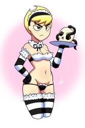 2010s 2017 aged_up armwear black_eyes blonde_hair bow bra cartoon_network collar digital_media_(artwork) disfigure female female frilled_armwear frilled_bra frilled_thighhighs frilled_thong frown hand_on_hip light-skinned_female lingerie lingerie_only maid maid_headdress maid_lingerie mandy_(billy_and_mandy) pink_background serving_tray short_hair skull snake solo striped_armwear striped_thighhighs the_grim_adventures_of_billy_and_mandy thighhighs thighs thong