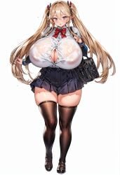 ai_generated areola_slip big_breasts black_legwear breasts_bigger_than_head busty dd_xi gigantic_breasts hanging_breasts huge_breasts pantyhose school_uniform schoolgirl skirt thick_thighs thighs uniform