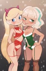 2024 blonde_hair blue_eyes blue_hair blush breasts brown_background cleavage disney disney_channel female female_only freckles freckles_on_face green_lingerie h_space hair_streak headband jackie_lynn_thomas lingerie long_hair red_lingerie star_butterfly star_vs_the_forces_of_evil tongue tongue_out