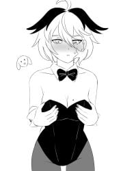 1girls ahoge bow bunnysuit cevio ci_flower cleavage female female_only large_breasts mole mole_on_breasts monochrome pantyhose playboy_bunny rabbit short_hair solo_female squeezing_breasts_together strapless_leotard streaked_hair v_flower vflovver vocaloid