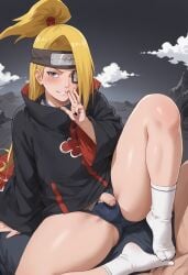 1boy ai_generated akatsuki_(naruto) blonde_hair blush cloak cloud_print deidara femboy male male_only naruto naruto_(series) naruto_shippuden penis ponytail small_penis solo spread_legs thick thick_thighs thighs