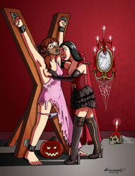 2girls ankle_cuffs anna_(geknebelt) barefoot bondage breasts breasts_out costume cuffs duo female femdom femsub geknebelt halloween halloween_costume lezdom multiple_girls nipples panty_pull pumpkin pussy rebecca_(geknebelt) saint_andrew's_cross spread_eagle torn_clothes torn_dress vampire wrist_cuffs x_frame yuri