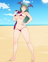 1girls beach bikini breasts capcom darkstalkers demon_girl female female_only green_hair head_wings morrigan_aensland rodjim small_breasts solo succubus swimsuit towel