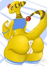 1girls 2016 ampharos anthro anthrofied anus ass back bare_shoulders big_anus big_ass big_butt black_fur bracelet brown_eyes dated eyelashes female female_only food fur furry furry_only grin heart holding huge_ass large_ass long_neck long_tail looking_away looking_down nintendo pokémon_(species) pokemon pokemon_(species) pussy pyredaemos raised_tail shirt solo standing stripes tail tank_top teeth text thick_thighs thighhighs video_games watermark white_fur wide_hips yellow_fur