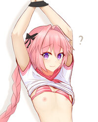 1boy arms_up astolfo_(fate) bra bra_lift braid crossdressing damao_yu fate_(series) femboy flat_chest highres looking_at_viewer male male_only nipples oerba_yun_fang pink_hair purple_eyes restrained school_uniform shirt_lift smile sweatdrop tied_up trap unneeded_bra