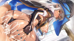 after_sex anus ass bed big_hat blue_nails blush breasts censored closed_mouth cowgirl_position cum cum_in_pussy cum_on_ass cum_on_body cum_on_breasts cum_on_upper_body dark_skin elf female from_behind fur_trim game_cg grey_hair hat highres huge_breasts indoors legs looking_back lying mosaic_censoring nail_polish ogino_(oginogino) on_bed one_eye_closed original penis pointy_ears pussy sewazuki_kyonyuu_elf_no_sumu_yakata silver_hair sitting sitting_on_person smile solo_focus sweat thighs thong witch_hat yellow_eyes