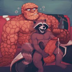 2018 2boys alcohol anthro balls ben_grimm beverage brown_fur clothing cum drunk duo erection fantastic_four frottage fur gay guardians_of_the_galaxy humanoid_penis male male_only mammal marvel muscular muscular_male nude open_mouth penis procyonid raccoon red_eyes rocket_raccoon sex simple_background smile spectral-bat the_thing_(marvel) yaoi