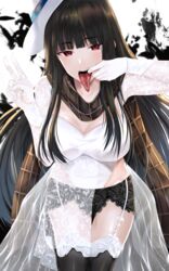 black_hair breasts fate/grand_order fate_(series) hat highres lingerie long_hair looking_at_viewer nikek96 oryou_(fate) red_eyes scarf thighs tongue tongue_out underwear v