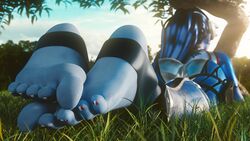 3d alternate_costume ass blue_skin colonelyobo feet feet_together female female_only foot_fetish headgear overwatch solo tricolore_widowmaker widowmaker