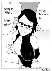 1girls areolae bare_shoulders before_sex black_and_white black_hair boruto:_naruto_next_generations breasts breasts_out clothing_pull comic dialogue doujinshi female female_only flashing glasses monochrome naruto naruto_(series) nipples one_breast_out open_clothes open_shirt presenting revealing_clothes sarada_uchiha seductive seductive_look seductive_smile short_hair small_breasts solo solo_female solo_focus striptease sweatdrop tease teasing text thundersharxxx undressing